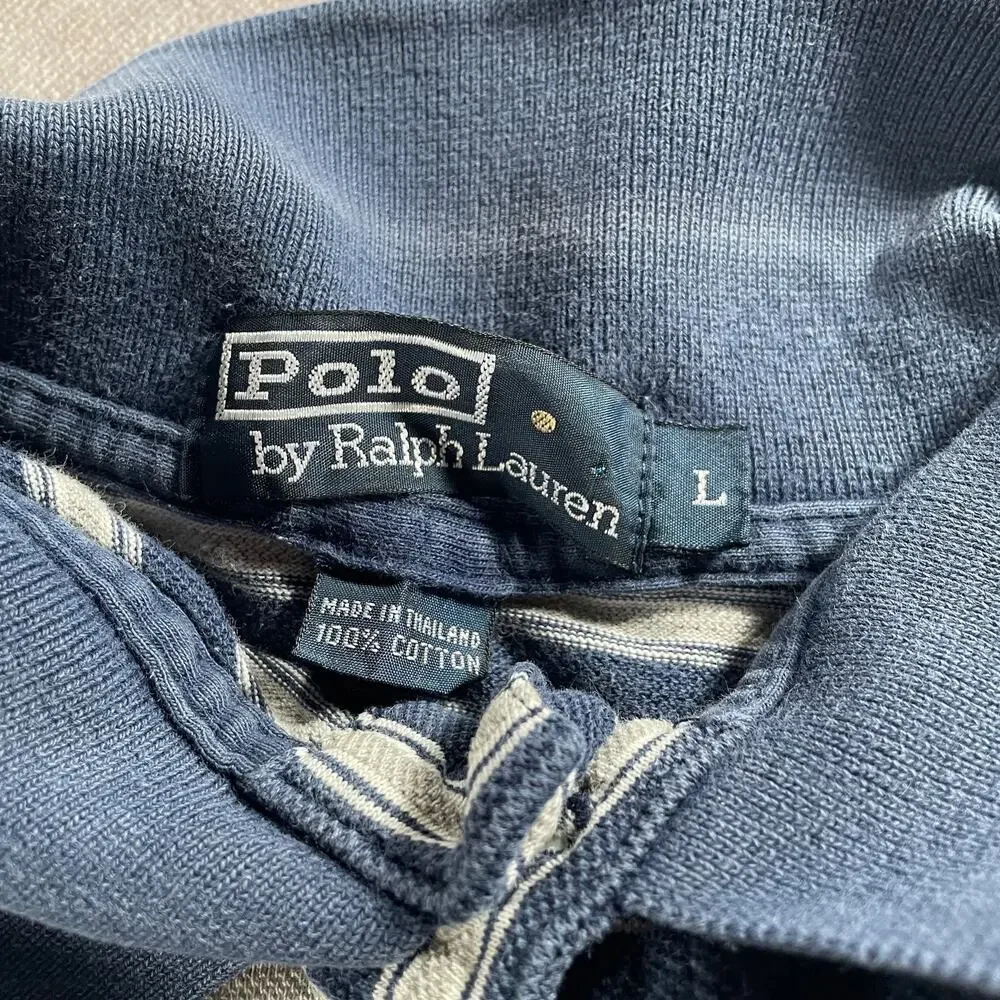 Vintage Polo Ralph Lauren Striped Polo Shirt Navy 100% Cotton Men's Size Large